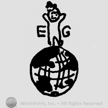 Uppercase EG on the sides of a child with arms wide open standing on a globe