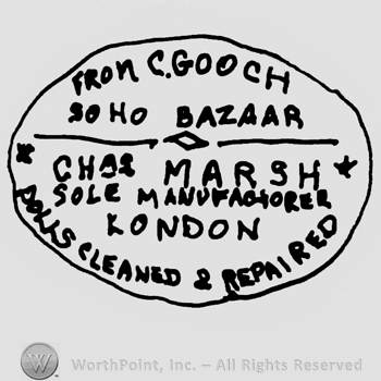 From C. Gooch 30 No. Bazaar Ch. 32 March Sole Manufacturer London Dolls Cleaned & Repaired written with uppercase letters, all inside an oval