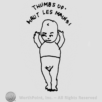 Child with his hands up, Thumbs Up Haut les Mains written above with uppercase letters