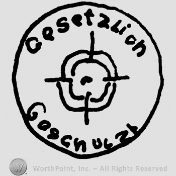 Gesetzlich Geschutzt written with uppercase letters and a target inside an oval