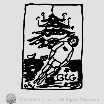 Stylized doll/puppet under a Christmas Tree, uppercase G & Co.all inside a rectangle