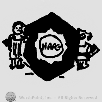 Haag written with uppercase letters inside a circle, all inside an octogon held by a little boy and a girl