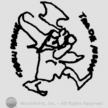 Walking man with an ax, writings on sides circling him