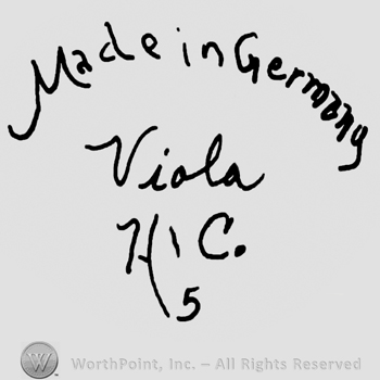 Made in Germany Viola handwritten with lowercase letters over uppercase handwritten H. & Co.and number 5
