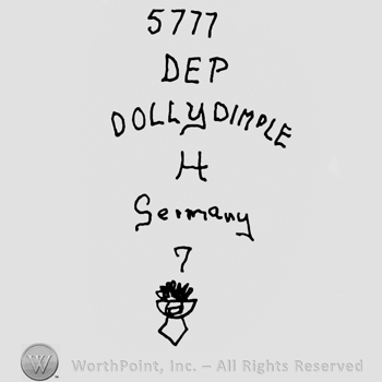 Number 5777 over Dep Dolly Dimole written with uppercase letters, uppercase H over Germany and number 7 over a complex design