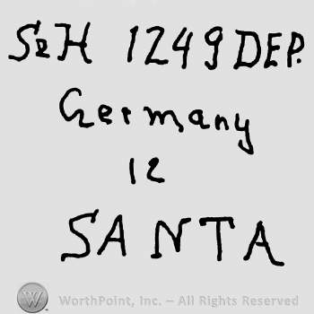 Uppercase S&H, number 1249 and uppercase DEP, Germany written with lowercase letters, number 12 over Santa written with uppercase letters