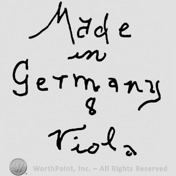 Made in Germany handwritten with lowercase letters, number 8 over Viola written with lowercase letters