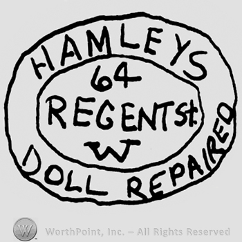 Hamleys Doll Repaired written with uppercase letters, number 64 over Regent St. W also written with uppercase letters