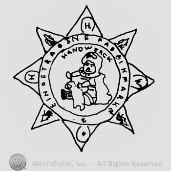Child playing with puppet, Handwerck written above with uppercase letters, all inside a star with uppercase letters in the corners