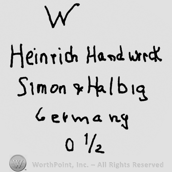 Uppercase W over Heinrich Handwerck Simon & Halbig Germany written with lowercase letters, number 0 and 1/2 written below