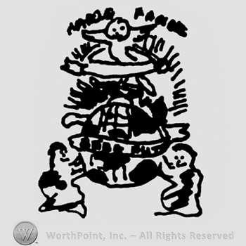 Complex design with bird over a globe, two animals holding the globe, ribbon over the globe with undescifrable writing