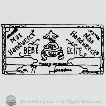 Max Handwerck Bebe Elite written twice inside a ornamented rectangle, Made in Germany written with uppercase letters under the globe and bird design in the center of the rectangle