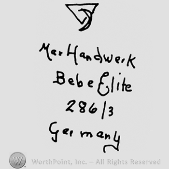 Triangle and crescent moon over Max Handwerck Bebe Elite written with lowercase letters, number 286/3 Germany written with lowercase letters