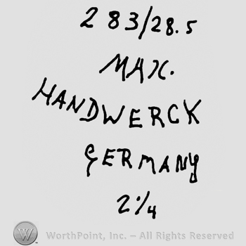 Number 283 over number 28.5, Max Handwerck Germany written with uppercase letters over numbers 2 1/4