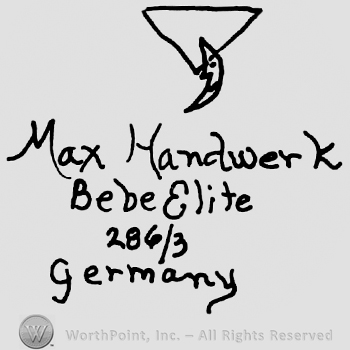 Triangle and crescent moon over Max Handwerck Bebe Elite written with lowercase letters, number 286/3 Germany written with lowercase letters