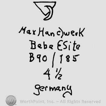 Triangle and crescent moon over Max Handwerck Bebe Elite written with lowercase letters, uppercase B and number 90 over number 185, number 4 and 1/2 written below and Germany with lowercase letters at the bottom