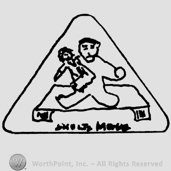 Man with puppet in hands on a stand, undescifrable writing below, all inside a triangle