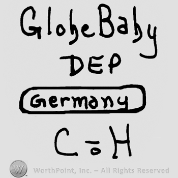 Globe Baby written with lowercase letters over DEP written with uppercase letters, Germany in an oval and uppercase C&H written below