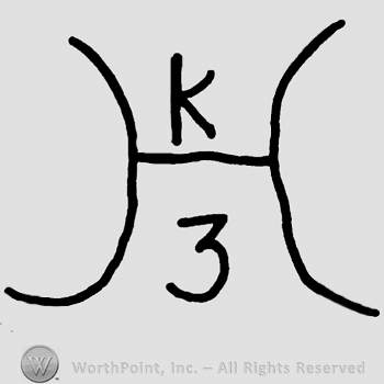 Uppercase handwritten H, uppercase K written on the upper half of letter H and number 3 written on the lwer half of letter H