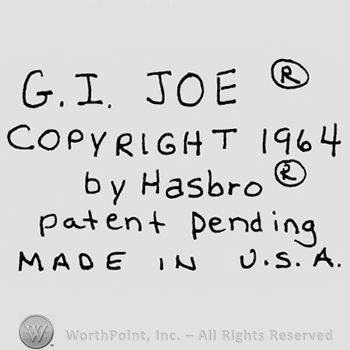 G.I. Joe written with uppercase letters followerd by TM in a circle, Copyright 1964 by Hasbro written below followed by capital R in a circle, Patent Pending Made in USA written with lowercase and uppercase letters