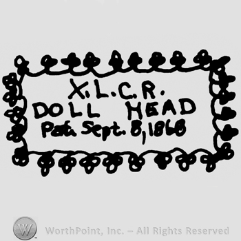 Uppercase  X.L.C.R. Doll Head written over Pat. Sept. 8, 1868, all inside an ornamented rectangle