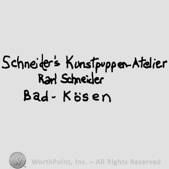 Schneider's Kunstpuppen-Atelier Karl Schneider Bad Kosen written  with lowercase letters