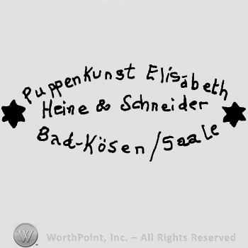 Puppenkunst Elisabeth Heine & Schneider Bad Kosen/Saale written with lowercase letters, framed by two stard