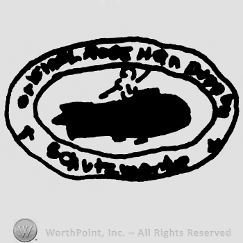 Oval design with human figure over a complex design, undescifrable writings written around the design