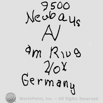 Number 9500 over Neubaus written with lowercase letters, upppercase etnwined AV, Am Rung Voy Germany written with lowercase letters