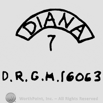 Diana written on a ribbon with uppercase letters over number 7 and uppercase D.R.G.M and number 160638