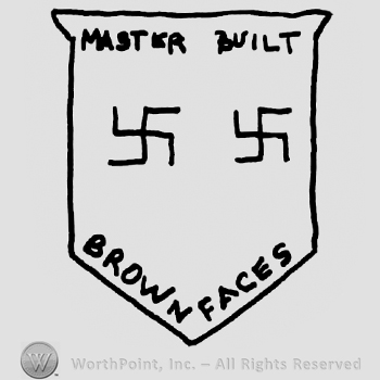 Two swastikas, Master Built Brown Faces written with uppercase letters on a shield