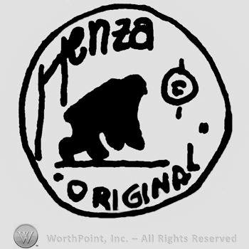 Henza written with lowercase letters, walking hunchback man, copyright symbol, Original written with uppercase letters, all inside a circle