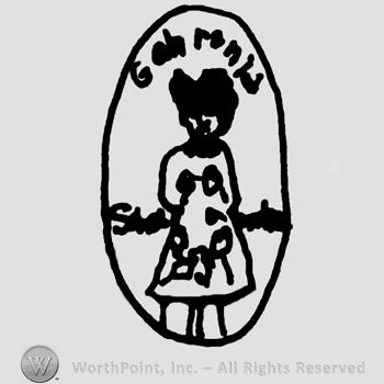 Feminine standing figure inside an oval with undescifrable writings