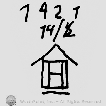 Number 1427 over numbers 14/ 1/2, over a stylized house with uppercase H written inside