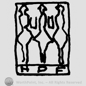 Three stylized tall dolls in a square, uppercase HPF written below