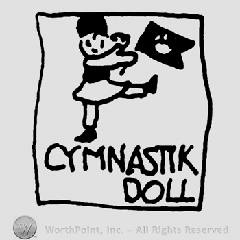 Gymnastik Doll written with uppercase letters unde a stylized doll walking doll with banner in it's hands, all inside a square