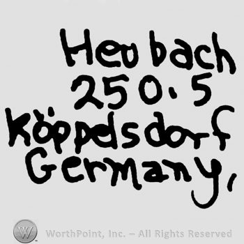 Heubach written with lowercase letters over numers 250 and 5, Koppelsdorf Germany written below with lowercase letters