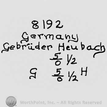 Number 8192 over Germany Gebruder Heubach written with lowercase letters, numbers 5/0 (fraction-like) and 1/2 written over numbers 5/0 (fraction-like) and 1/2, uppercase G and H written on sides