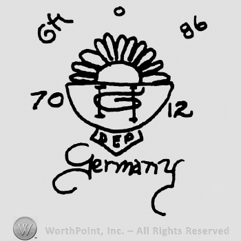Half-flower inside a half circle, uppercase G written on it, uppercase GH, number 86, 70 and 12 written around this design, Dep written with uppercase letters and Germany written below with lowercase letters