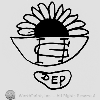Half flower design inside a lower half of a circle, uppercase G written on it, DEP written with uppercase letters in an oval below
