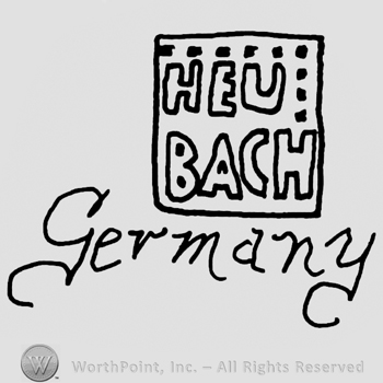 Heu Bach written with uppercase letters inside a square with two dotted lines, Germany handwritten below