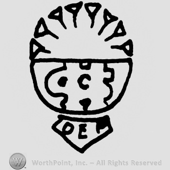 Round design with small pins, puzzle piece with uppercase C on it, Dep written below inside a stylized triangle
