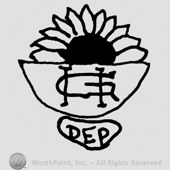 Half flower design inside a lower half of a circle, uppercase GH written on it, DEP written with uppercase letters in an oval below