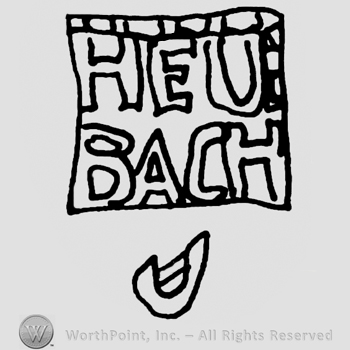 Heu Bach written with uppercase letters inside a square and a complex design, U-like, below