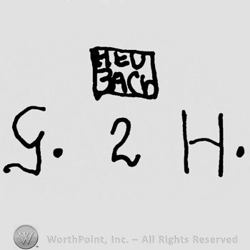 HeuBach written with uppercase letters inside a square over uppercase handwritten G and H with number 2 in between