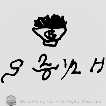 Half flower in half circle, uppercase GH written on it, uppercase handwritten G and numbers 2 and 0 in fraction, 1/2 and uppercase H