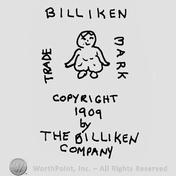 Stylized puppet, Trade Mark Billiken Copyright 1909 written with uppercase letters in a square around the puppet, by The Billiken Company written below with uppercase letters