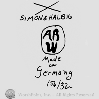 Crossed lines, Simon & Halbig written with uppercase letters, uppercase AB over W in a circle, Made in Germany written below with uppercase letters and number 152 over 32