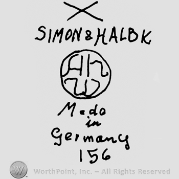 Crossed lines, Simon & Halbig written with uppercase letters, uppercase AB over W in a circle, Made in Germany written below with uppercase letters and number 156