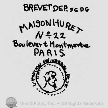 Brevet Dep. 96 DG Maison Huret No. 22 written with uppercase letters over Boulevard Montmartre written with lowercase letters and Paris written with uppercase letters, Round complex design with writings below